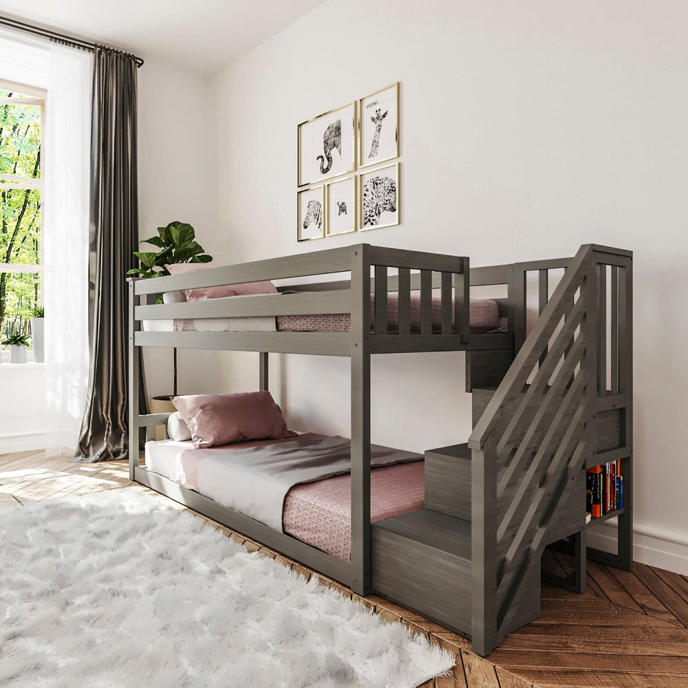 Max and Lily Twin Over Twin Low Bunk Bed with Staircase - Pecan - MadeInUSA