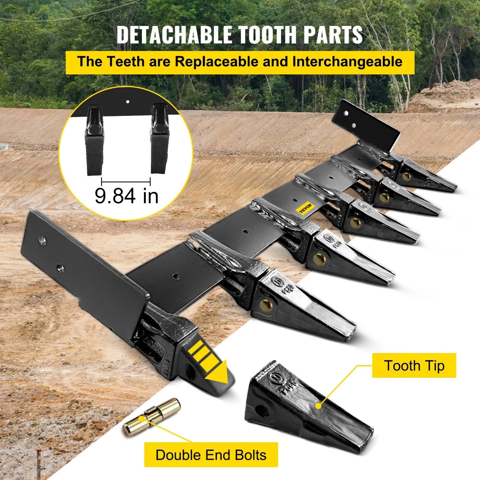VEVOR Bucket Tooth Bar 60'' Inside Bucket Width Tractor Bucket Teeth 9.84'' Teeth Space Tooth Bar for Loader Bucket 23TF Bolt on Tooth Bucket - MadeInUSA